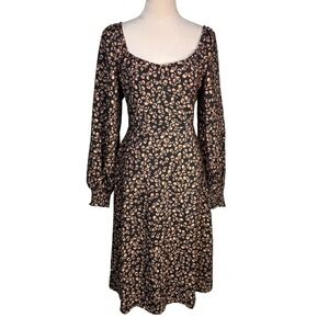 a.n.a Floral Sweetheart Midi Dress Pockets Smocked Balloon Sleeve M Boho Retro